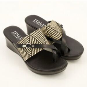 Italian Shoemakers Black & White Pixie Wedge Sandals Chevron Strap NEW